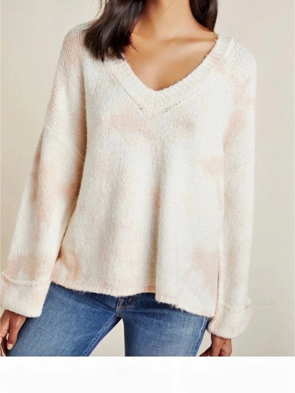 Anthropologie Maggie Bell V-Neck Sweater in Cream & Pink Size Medium